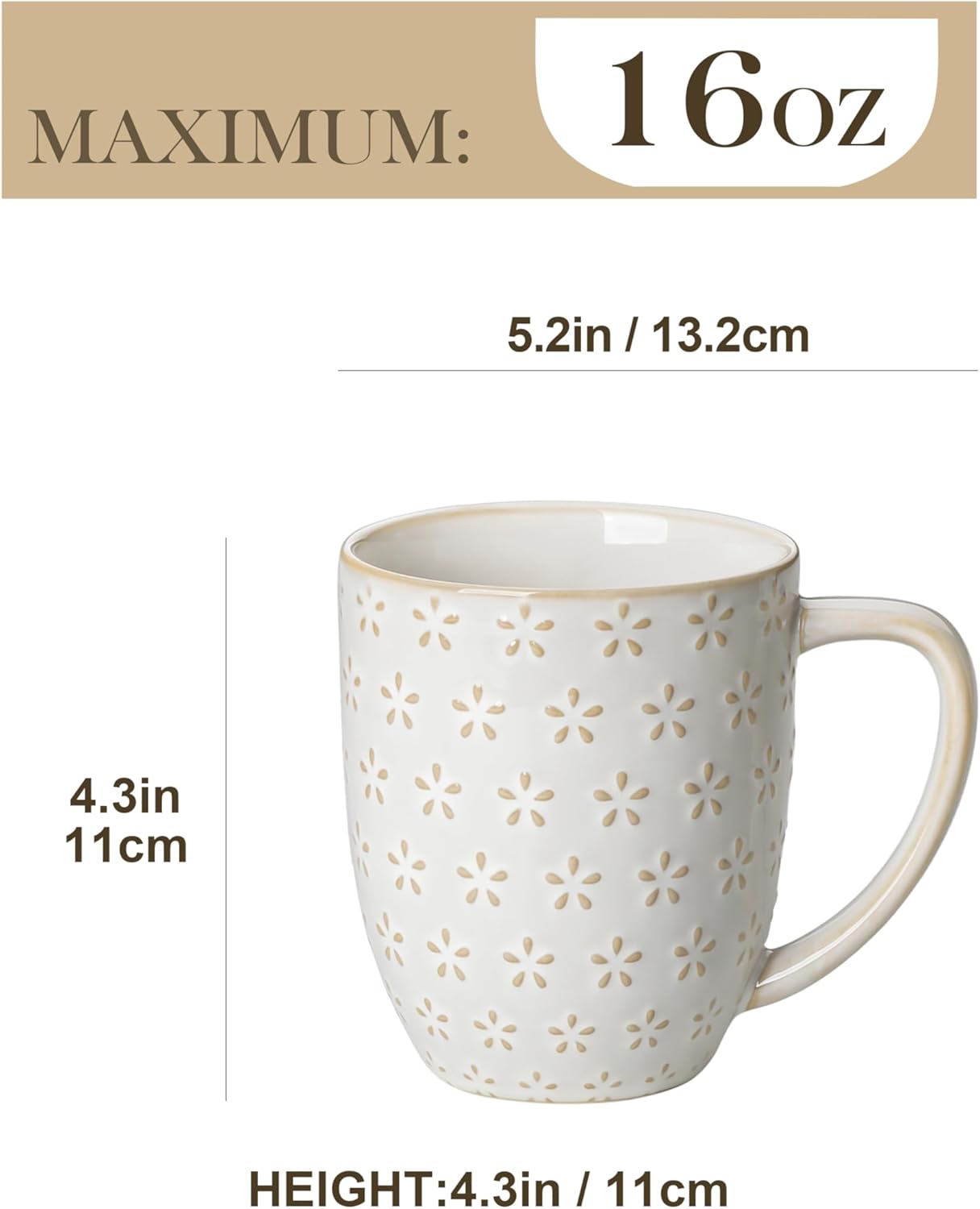 MALACASA LYDIA Coffee Mugs, 16 OZ Ceramic Mugs Set of 4 with Handle, Embossment Cups for Latte, Hot Tea, Cappuccino, Mocha, Cocoa, Dishwasher & Microwave Safe Gift Set, White