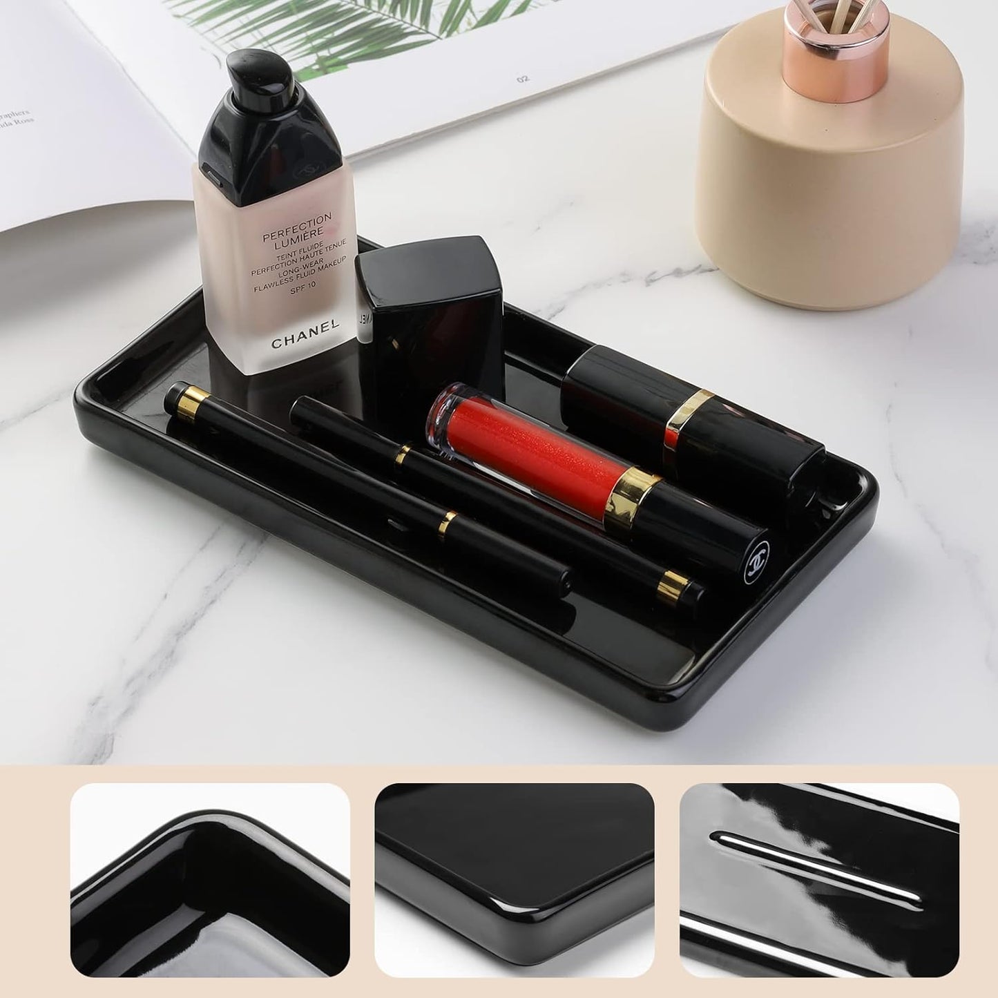 Gurygo 8" Bathroom Trays, Ceramic Vanity Trays for Bathroom, Small Ceramic Tray, Kitchen Soap Tray for Kitchen Counter (Black, 8",Set/1)