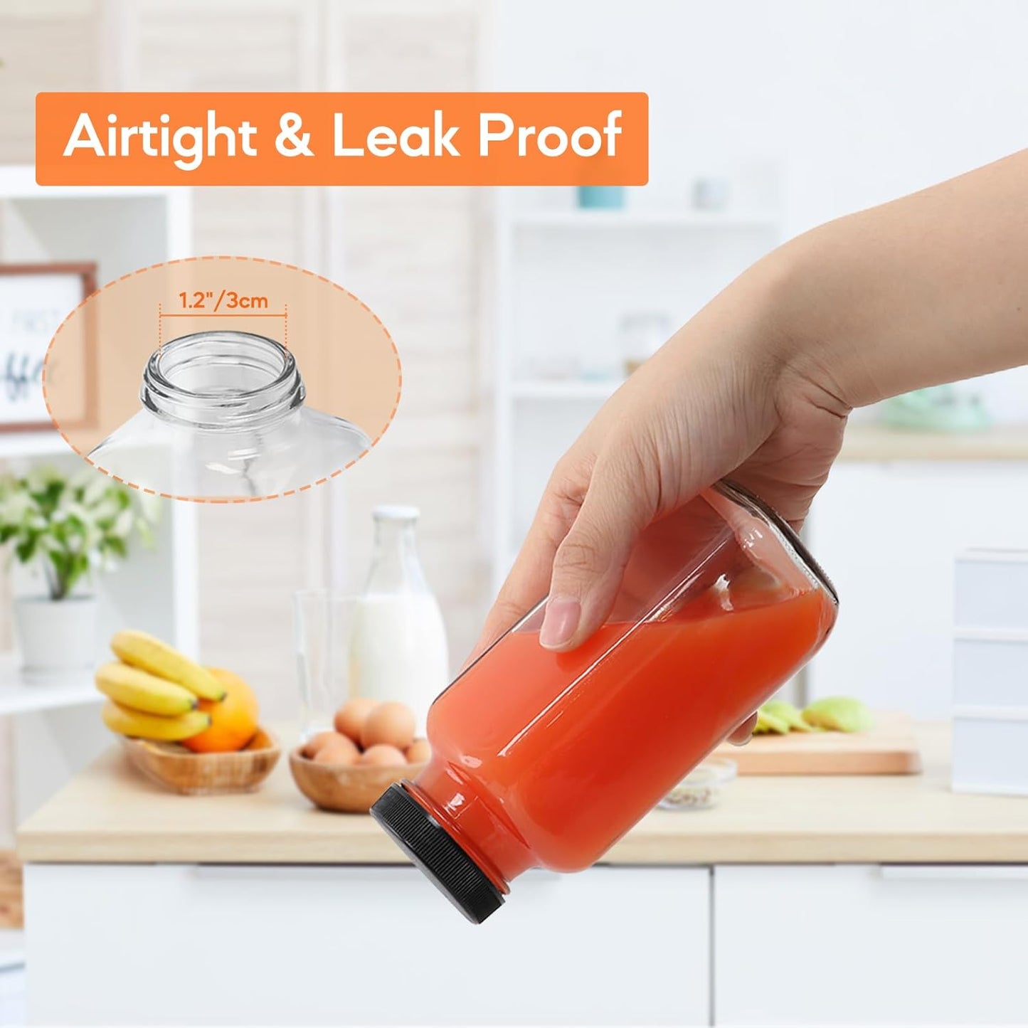 STARSIDE 8 oz Glass Juice Bottles with Lids 6 Pack - Square Reusable Drinking Jars for Juicing, Milk, Kombucha - Includes 1 Bottle Brush, 6 Colored Labels