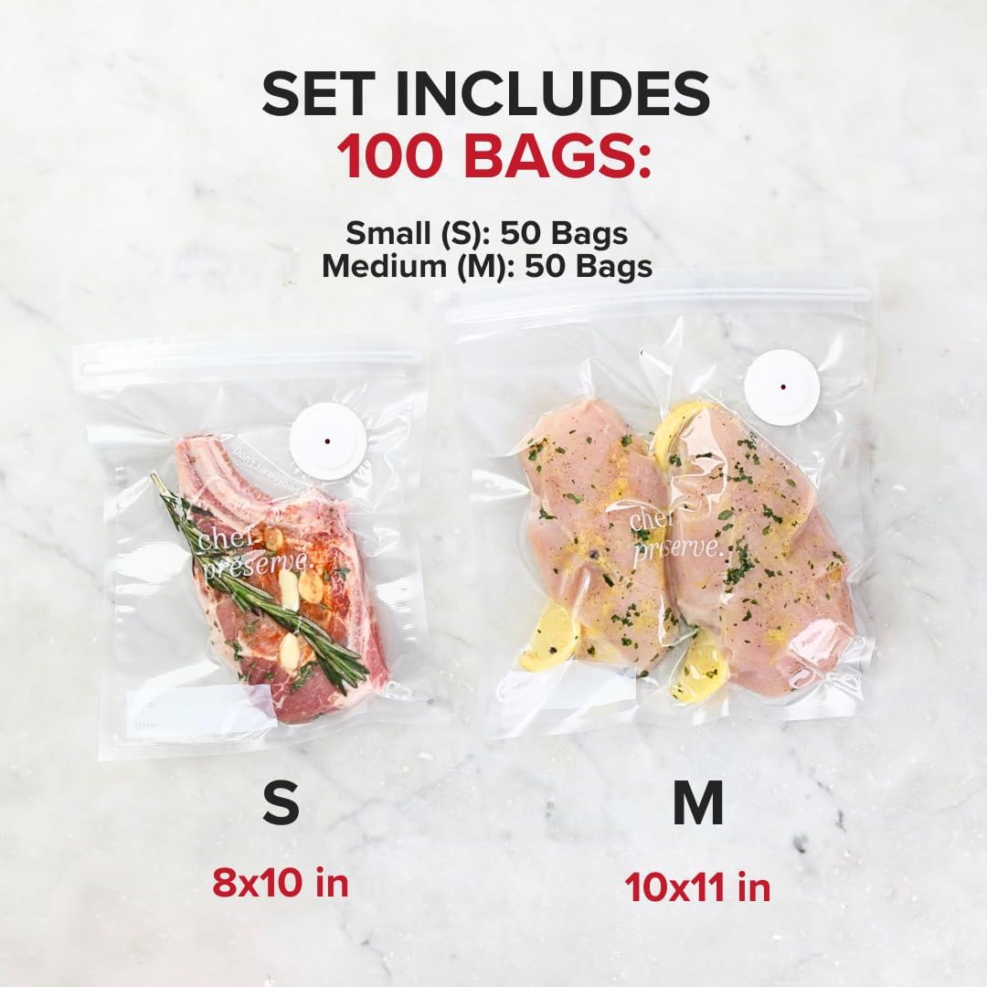 Chef Preserve Reusable Vacuum Sealer Bags for Food – 100 BPA-Free Food Storage Bags, Freezer, Microwave – Odor-Resistant, Leak-Proof – Compatible with Chef Preserve Vacuum Sealers