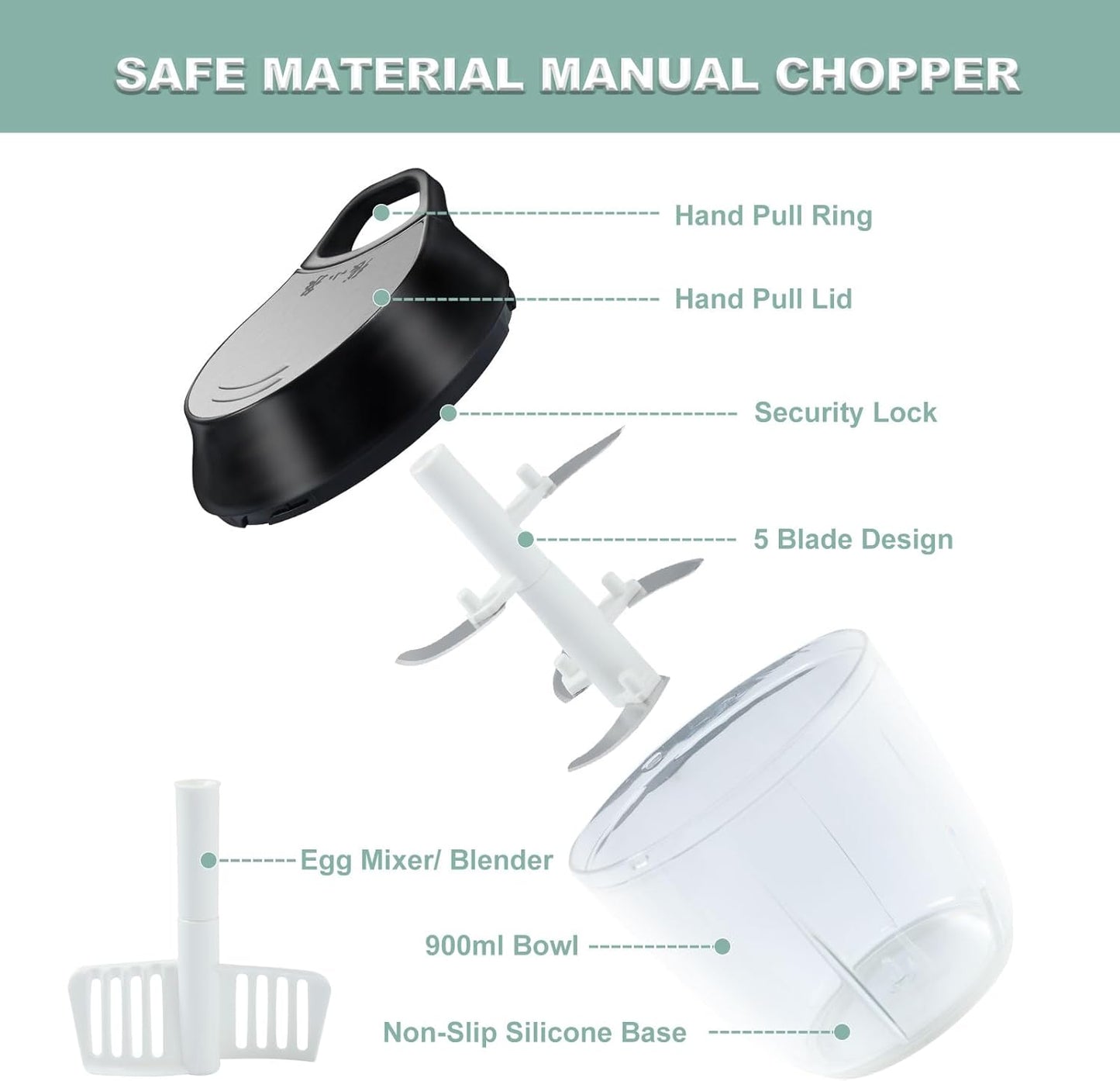 ZHANG XIAO QUAN SINCE 1628 Manual Vegetable Chopper, Hand Pull String Garlic Mincer Onion Cutter for Veggie, Peppers, Tomatoes, Ginger, Fruits, Nuts, 3.6 Cup(900ml) Food Chopper With Egg Whisk