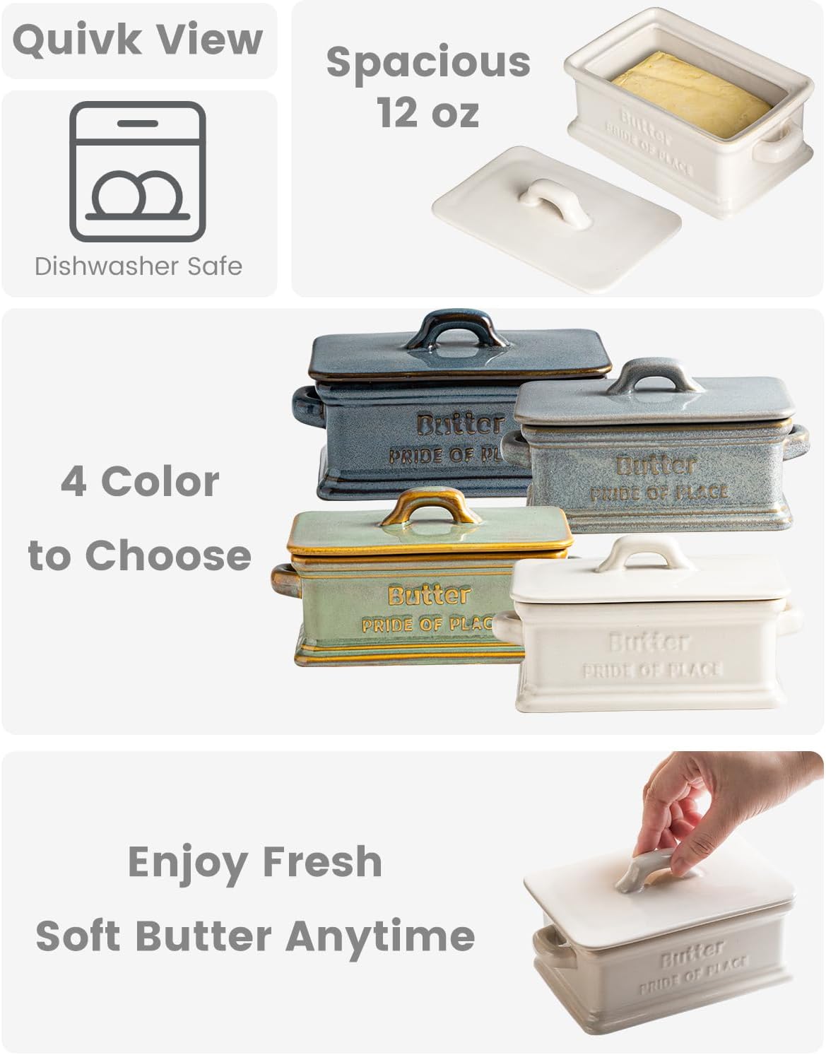 Butter Dish with Lid, Ceramic Butter Dish for Countertop Butter Holder Container Large Butter Keeper for East West Coast Butter, White