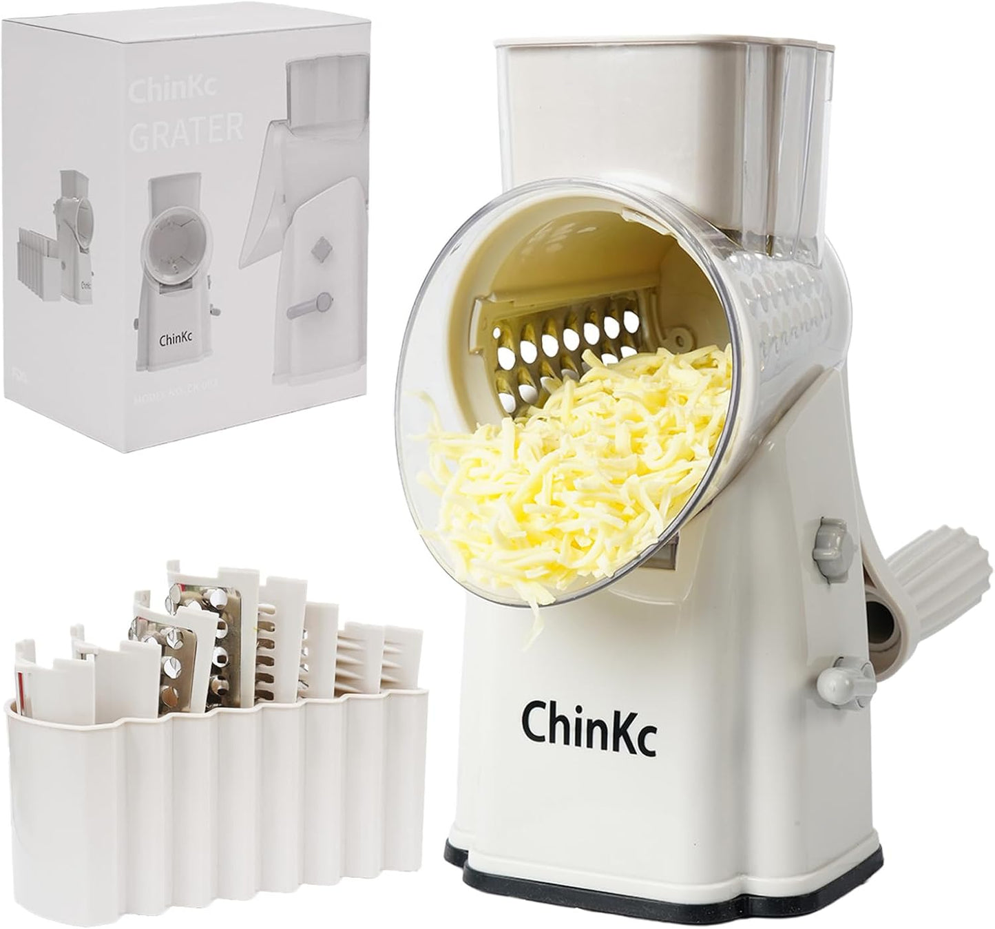 Rotary Cheese Grater Shredder - Upgraded 5 in 1 Cheese Grater with Handle and Strong Suction Base, Multi-purpose Julienne Slicer Ice Shaver Nuts Grinder for Ice, Vegetables, Fruit, Nuts