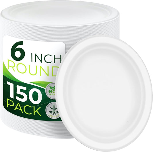 150pcs 100% Small Dessert Plates, 6 inch Compostable Appetizer Plates Made of Sugarcane Fiber