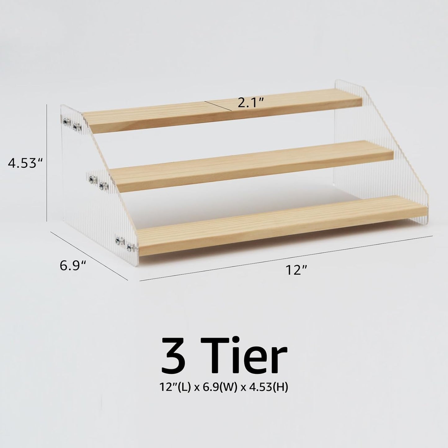 nianfeng Tiered Spice Rack, 3-Tier Spice Pantry Kitchen Cabinet Organizer, 12-Inch, Natural Wood Acrylic Stair Riser Stand, Countertop Seasoning Shelf