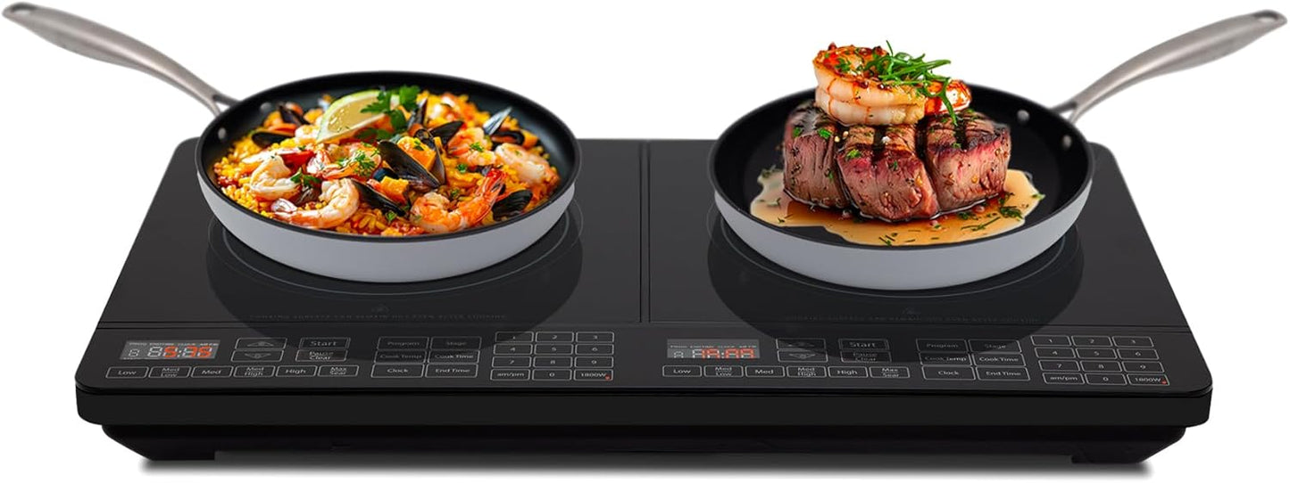 Nuwave Double Cooktop Induction Countertop Burner, Portable, 900 & 1800W, 100°F to 575°F, Large 8” Heating Coil, 50 Pre-Programmed Settings, Shatter-Proof Ceramic Glass, Built-In Safety Auto Shut Off