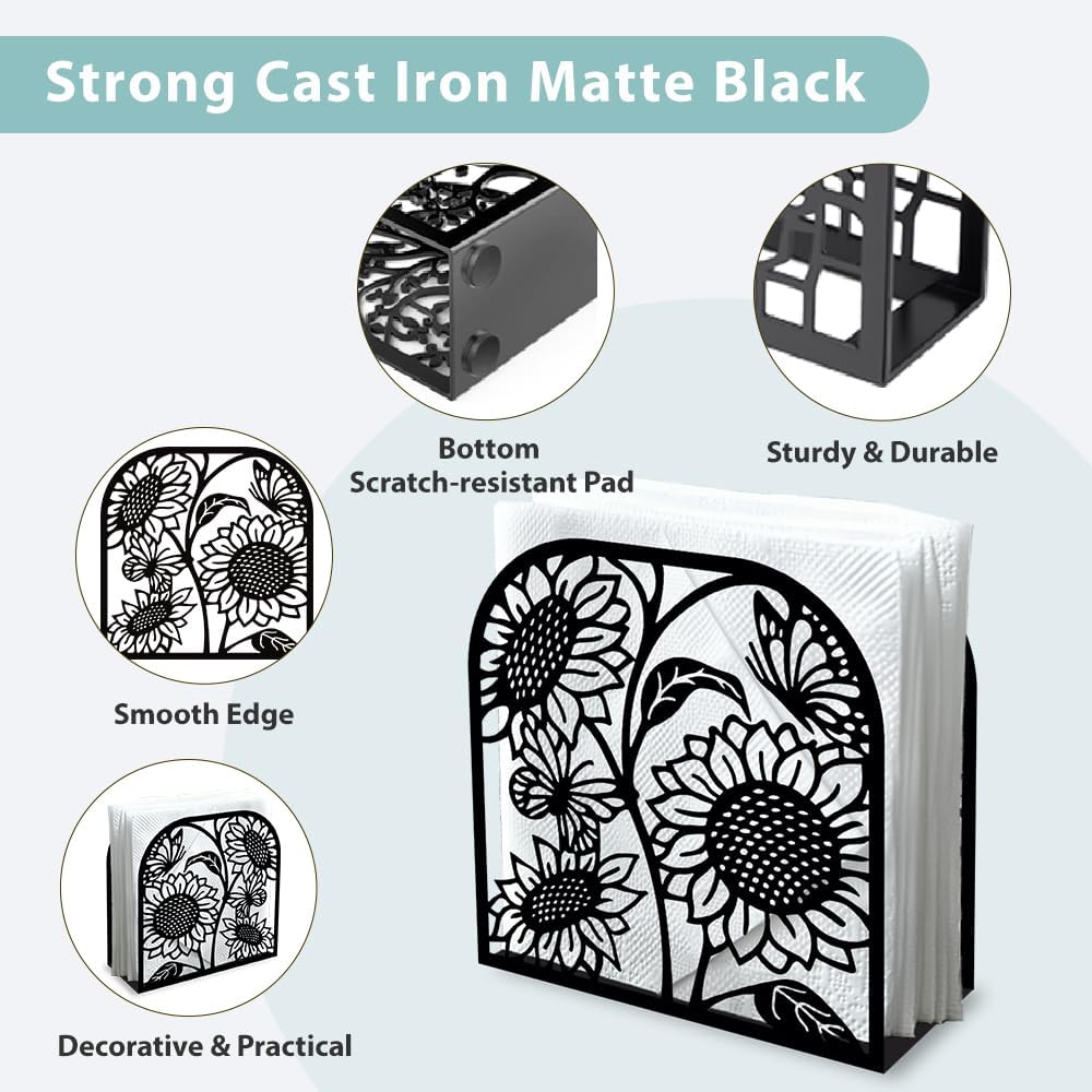 Sunflower and Butterfly Decorative Black Metal Napkin Holder for Table, 4.9" x 4.9" x 1.9" Standing Napkin Holder for Home Kitchen Restaurant Picnic Party Coffee Bar Dining Room