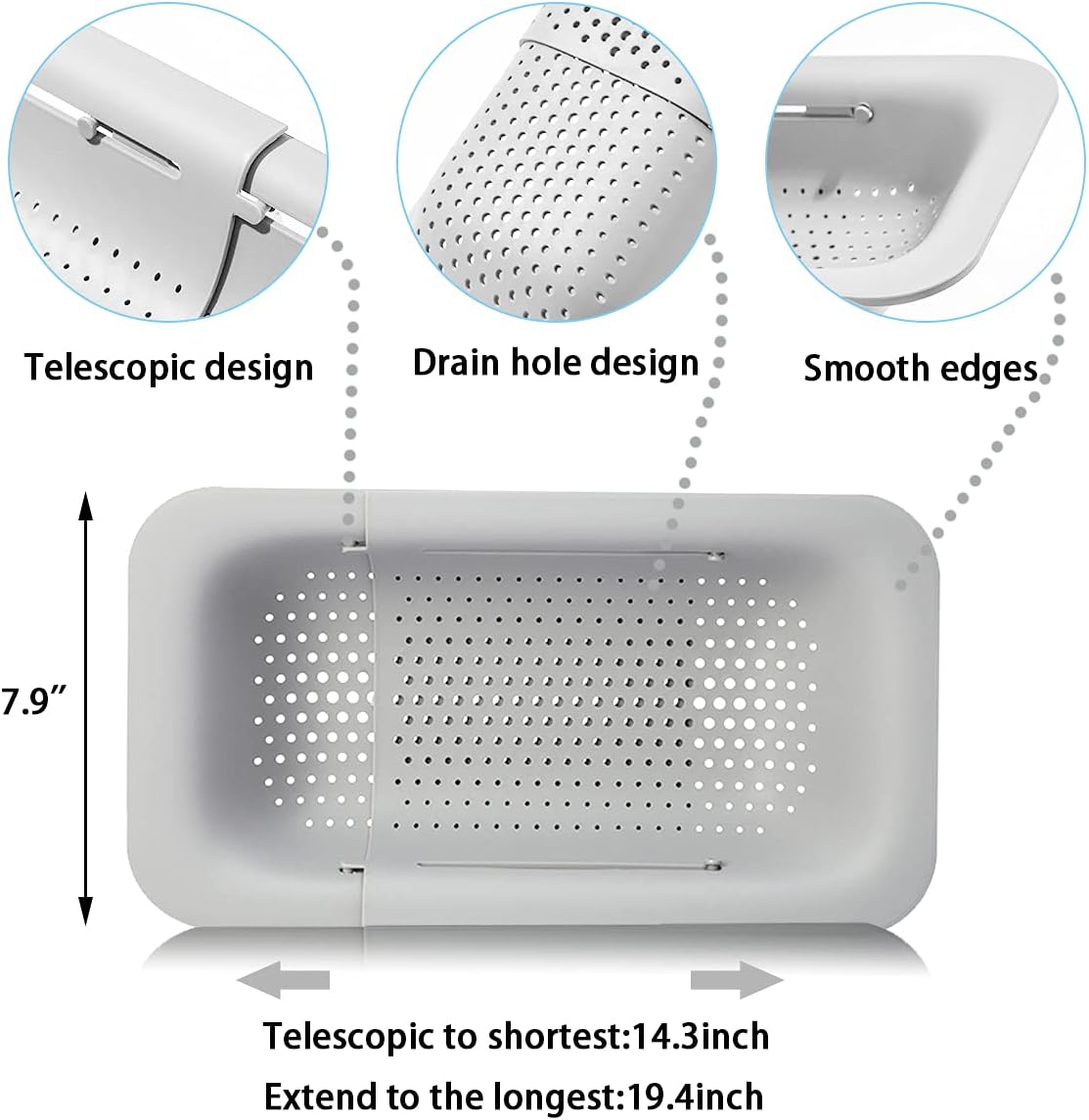 Collapsible Sink Colanders and Strainers Basket Over the Sink Colander Collapsible Colander Extendable Plastic Fruit Vegetable Strainer Drainer Basket for Kitchen (Length 14.3 inch-19.4 inch) (White)