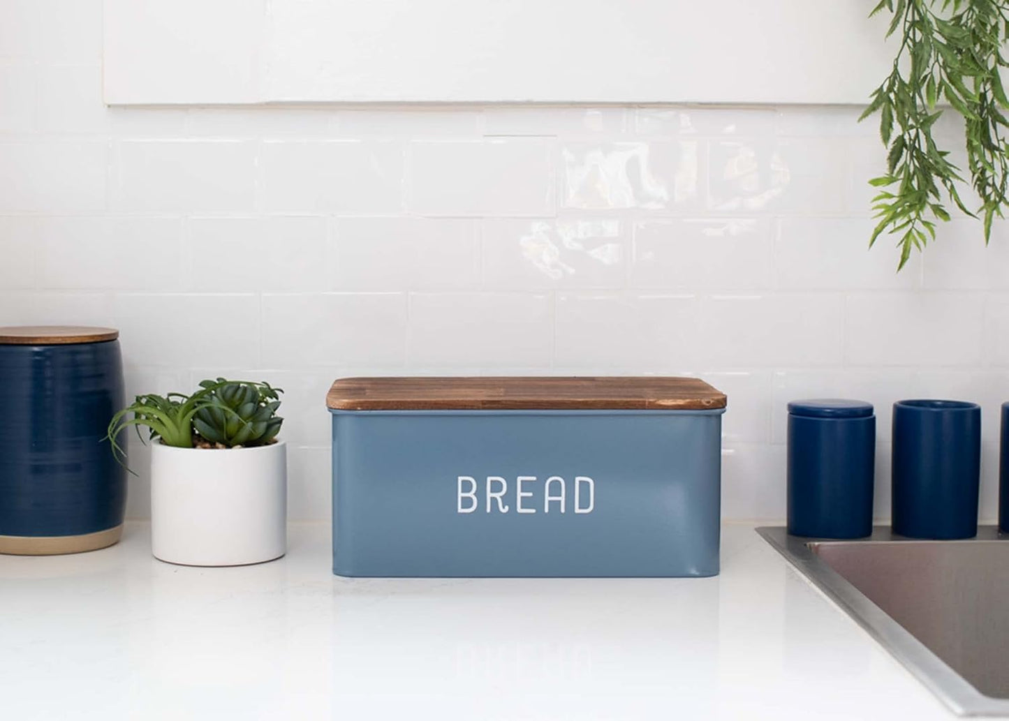 Nat & Jules Matte Blue 12 x 7 Metal Enamel Rubber Wood Lidded Bread Box