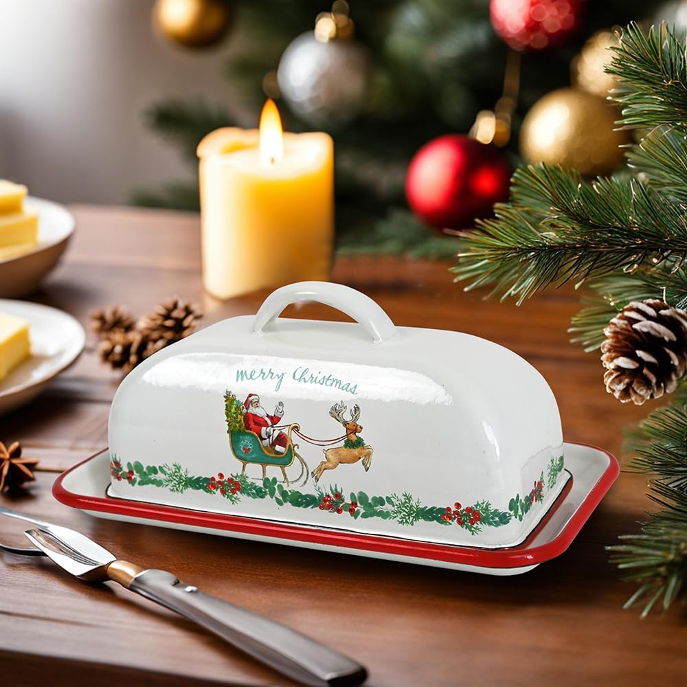 Enamel Butter Dish with Lid Vintage Enamelware Butter Keeper with Flower and Bird Patterns Farmhouse Butter Container Butter holder for Countertop Kitchen Decor