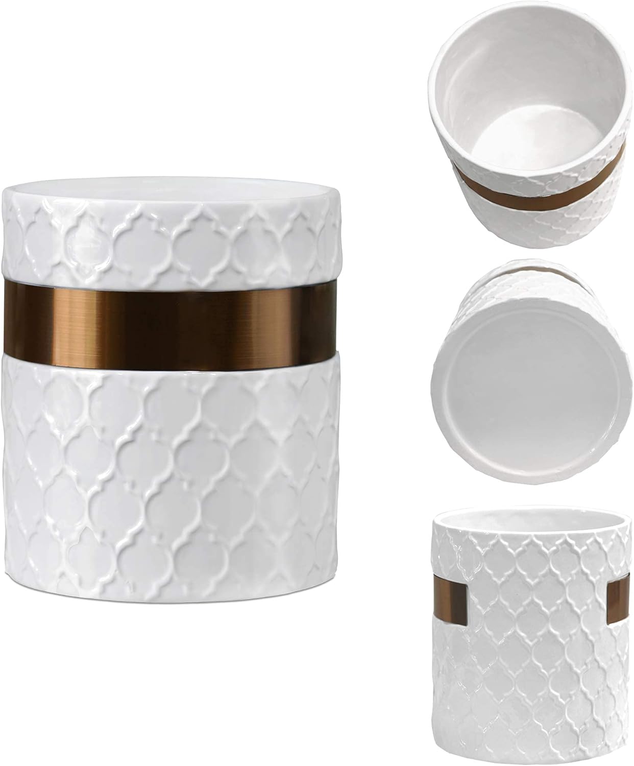 Home Acre Designs Kitchen Utensil Holder - Large Ceramic Farmhouse Countertop Crock, White/Copper