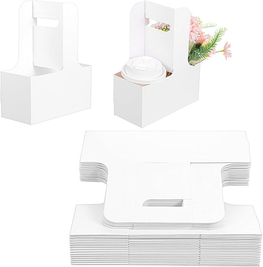 30 Pack 2-Cup Drink Carrier with Handle White Disposable Paper Cup Holder Cardboard 12-30 oz Take Out Cups Carriers for Hot and Cold Drinks Coffee Food Flowers Delivery