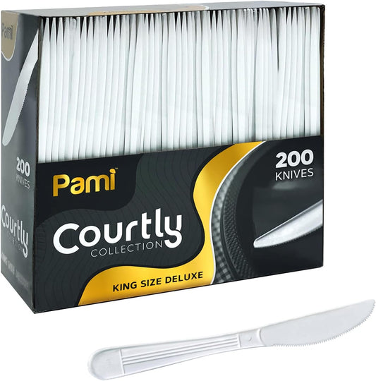 PAMI Heavy Weight Disposable Plastic Knives [200-Pack] - Bulk King Size Deluxe White Plastic Silverware For Parties, Weddings, Catering Food Stands, Takeaway- Heavy-Duty Single-Use Partyware Knives