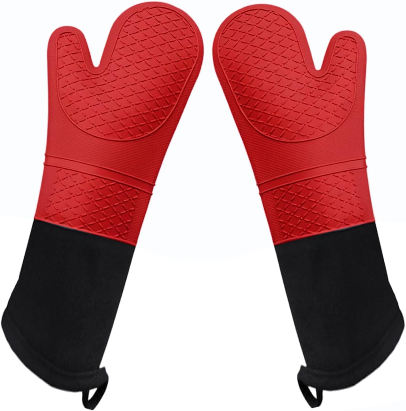 Extra Long Silicone Oven Mitts Heavy Duty Commercial Grade Oven Mitts Heat Resistant BBQ Gloves with Quilted Cotton Lining 2 Pack (Red)