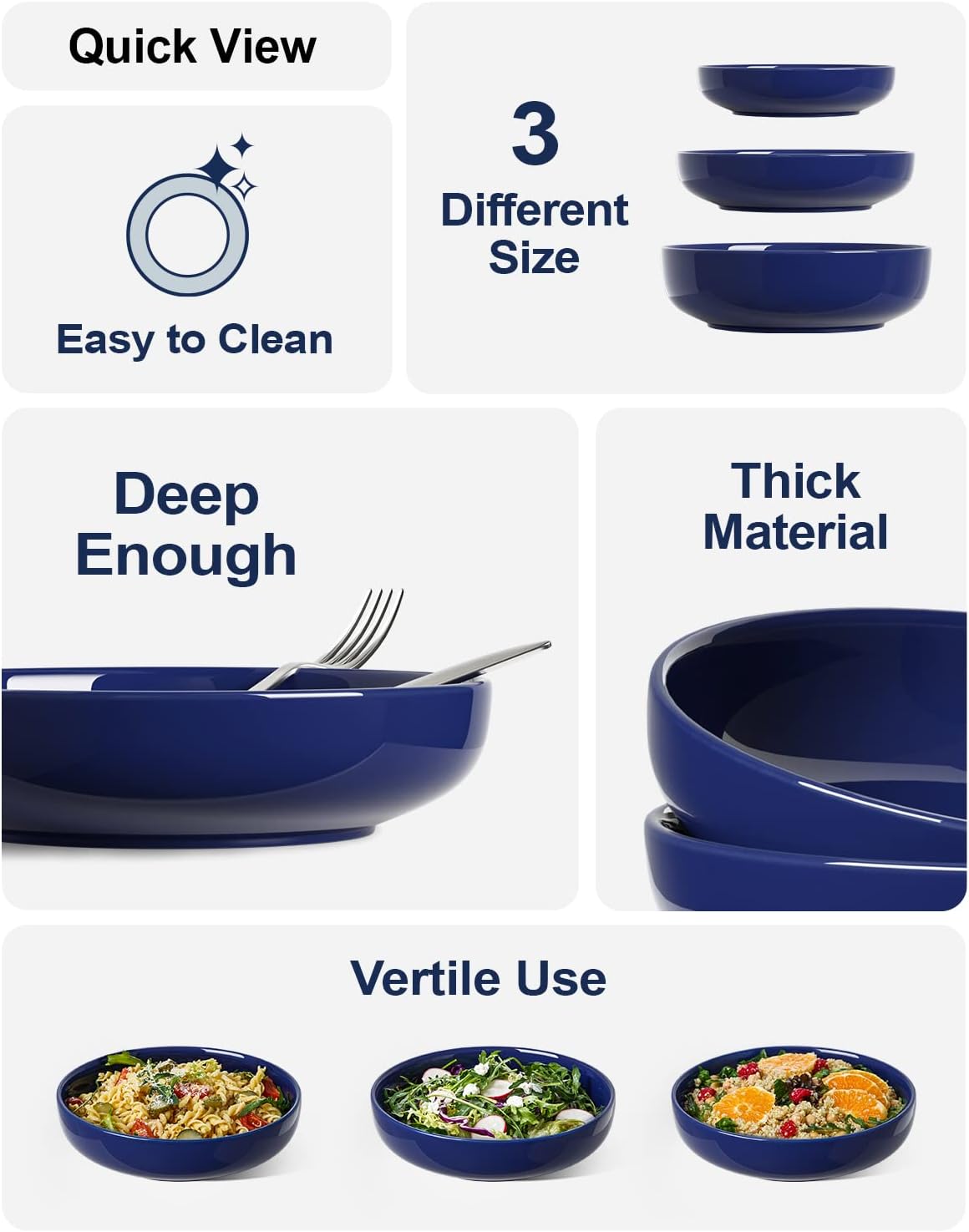 LE TAUCI Pasta Bowls 45 oz, Salad Bowls Set for Serving Soup, Pasta, Noodle, Dinner, Large Kitchen Bowl Plates, Microwave Safe - 8.5 Inch, Set of 4, Blue