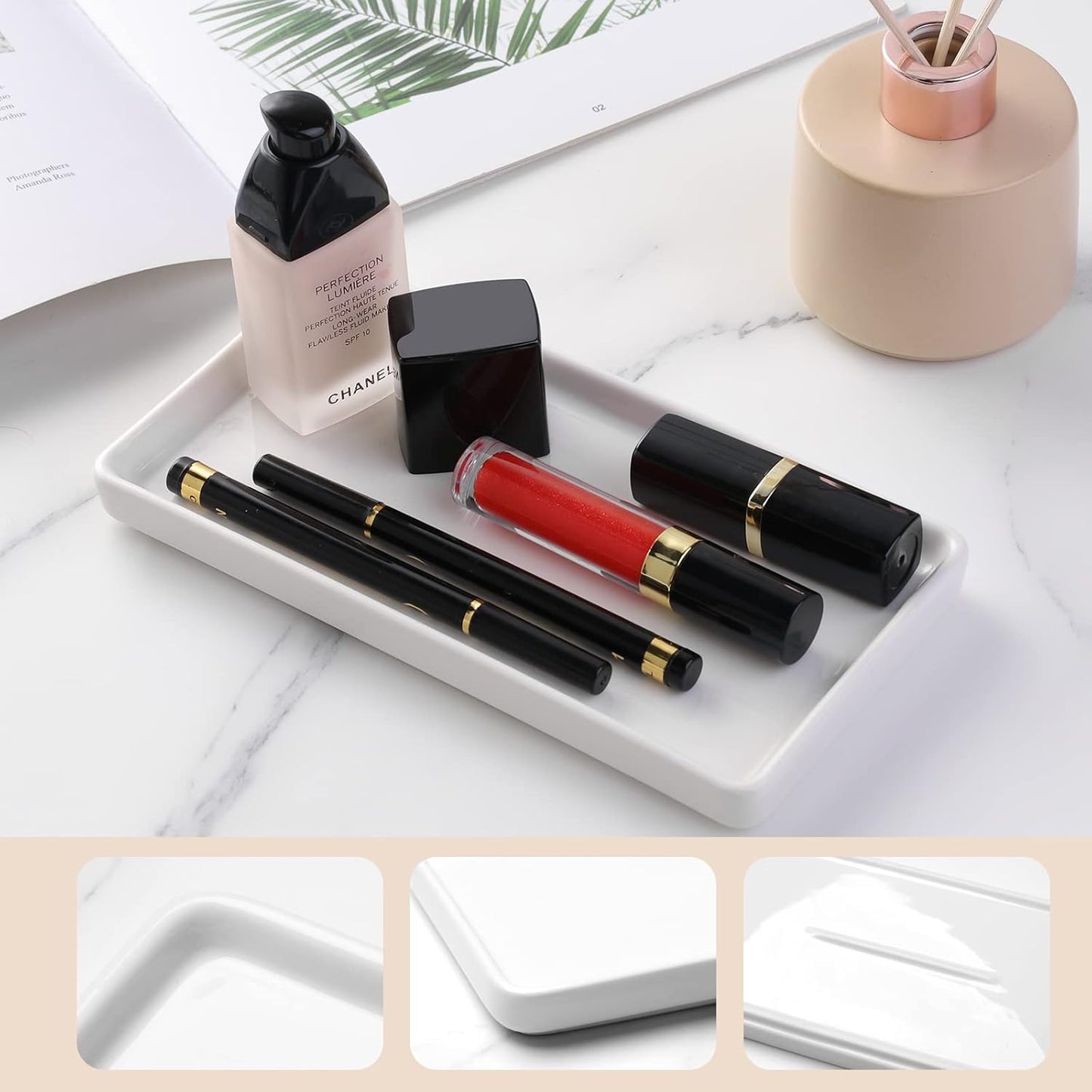 Gurygo 2 Pack 8" Ceramic Rectangular Vanity Trays, White, Set of 2