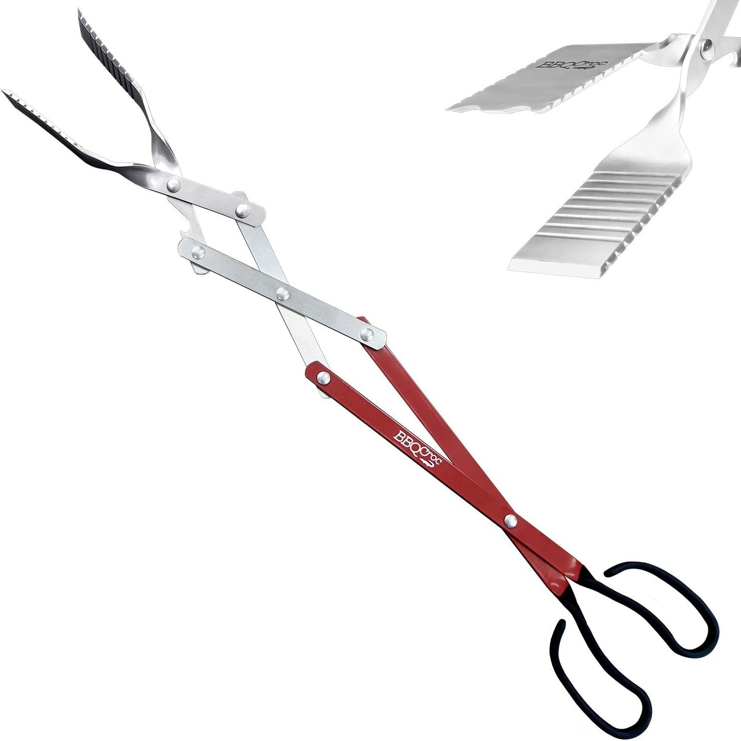BBQ Croc 3 in 1 Barbecue Tool 26-inch - Extra Light and Super Long Heavy Duty Tongs, Spatula and Grill Scraper (Red) - Longest BBQ Tool Ever!