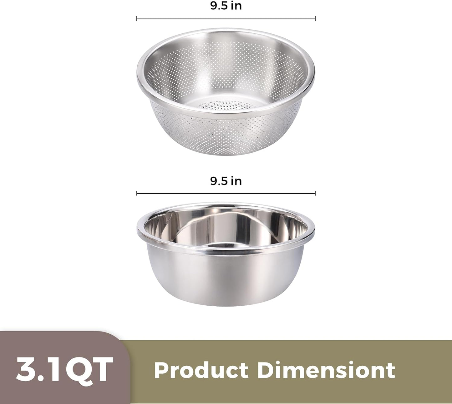 Colander and Bowl Set 3.1QT (2-in-1) - Thickened 304 Stainless Steel Kitchen Strainer Bowl for Fruit, Pasta, Vegetables, Rice - Heavy Duty, Induction Cooker & Dishwasher Safe