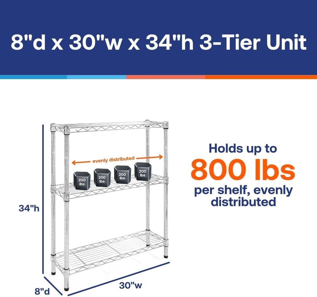 Shelving Inc. 8" d x 30" w Chrome Wire Shelving with 3 Tier Shelves, Weight Capacity 800lbs Per Shelf