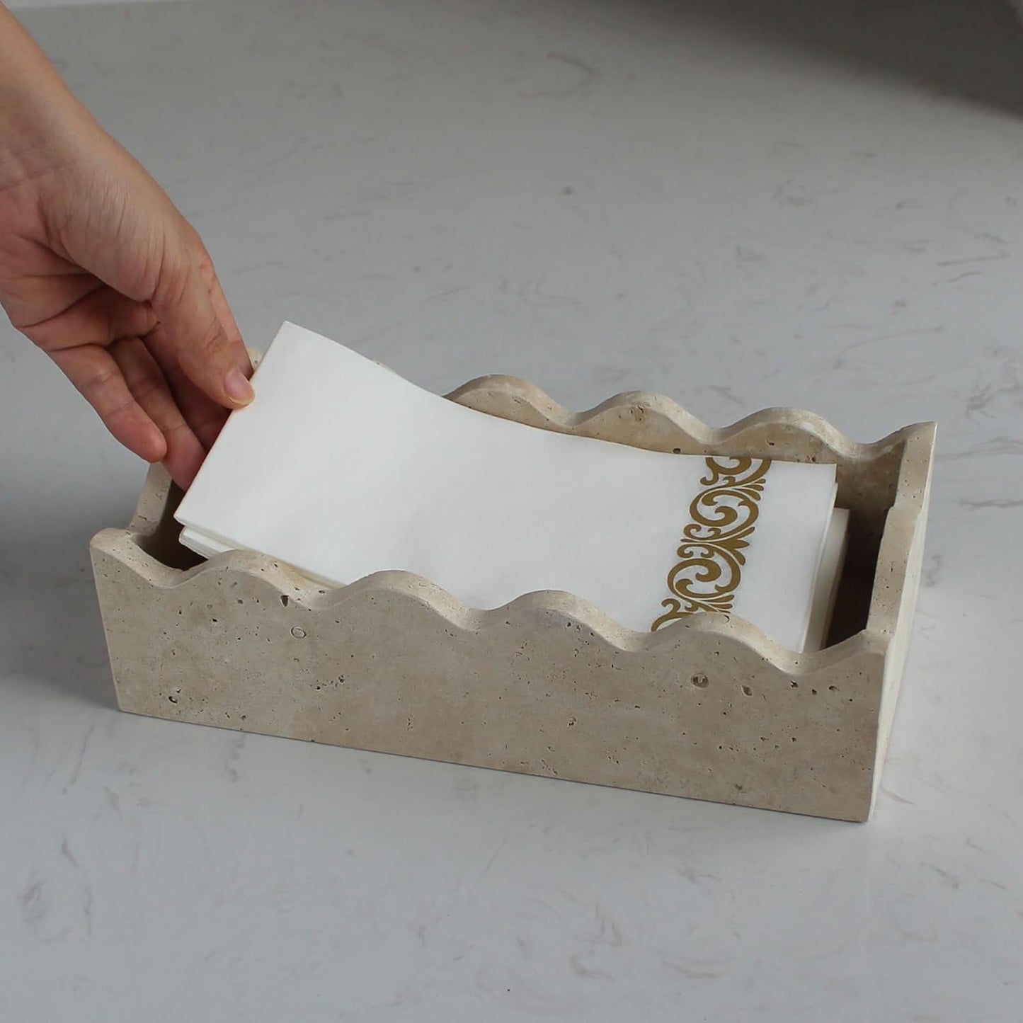 Natural Travertine Guest Towel Holder 9.8" × 4.9" for Bathroom, Rectangular Napkin Holder with Scalloped Edge, Tissue Hand Towel Tray for Dinner Table, Countertop Bathroom Vanity