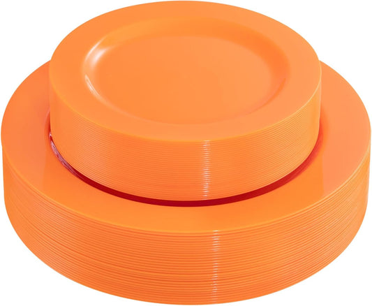 FLOWERCAT 60PCS Orange Plates - Heavy Duty Orange Plastic Plates Disposable for Halloween & Thanksgiving Party - Serve 30 Guests 10.25inch and 7.5inch