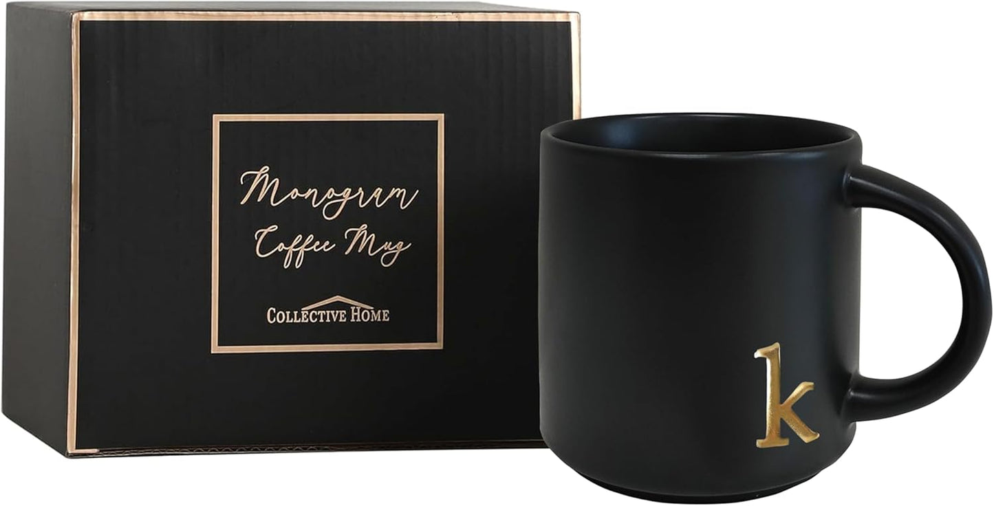COLLECTIVE HOME - Black Monogram Ceramic Mugs, 15 oz Golden Initial Coffee Cups, Elegant Alphabet Tea Mugs, Personalized Halloween Mug with Gift Box, Perfect for Office and Home Décor (k)