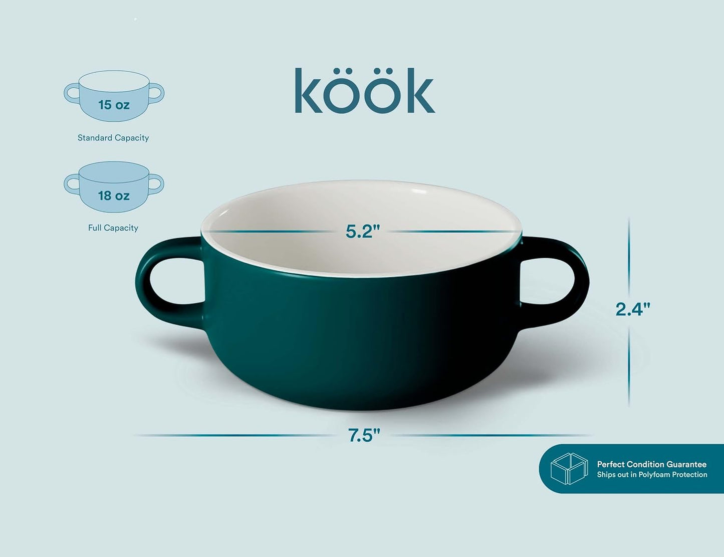 Kook Soup Crocks, Ceramic Bowls, Broil, Oven, Microwave and Dishwasher Safe, with Handles, For Casserole, Pasta, Cereal, 18 oz, Set of 4 (Hunter Green)