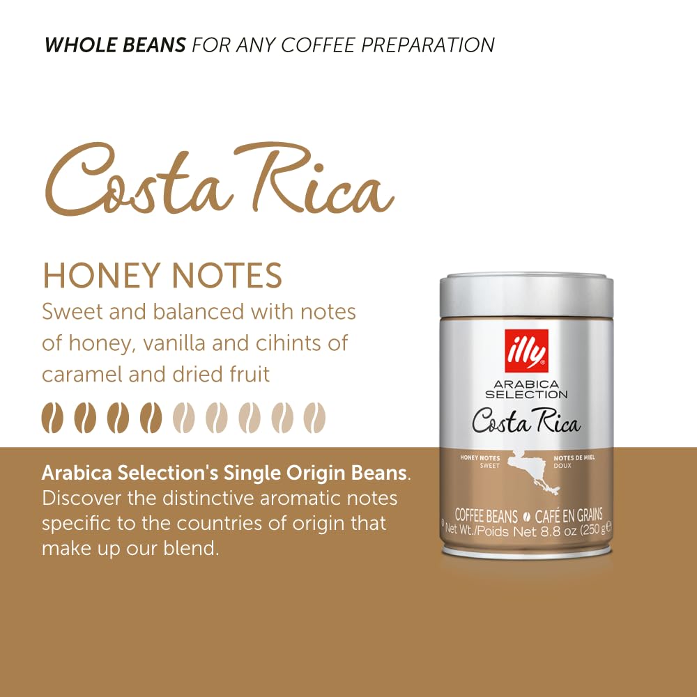 illy Whole Bean Coffee - Perfectly Roasted – Costa Rica Medium Roast - with Notes of Honey, Vanilla & Citrus - 100% Arabica Beans - No Preservatives – 8.8 Ounce