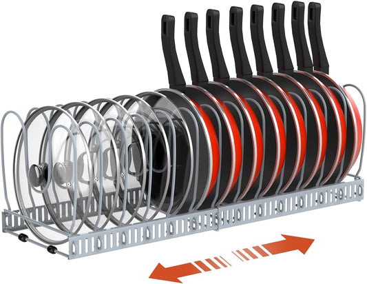 Housolution Pot and Pan Organizer Rack for Cabinet, Upgraded Expandable Pot Lid Organizer with 14 Adjustable Dividers, Pan Holder Storage Rack for Kitchen Cabinet, Grey