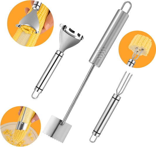 3Pcs Corn Peeler and Stripper Tool - Long Handle Stainless Steel Corn Kernel Remover & Cob Scraper - Efficient Corn Thresher Cutter for Kitchen, Restaurants, Picnics - Safe & Durable