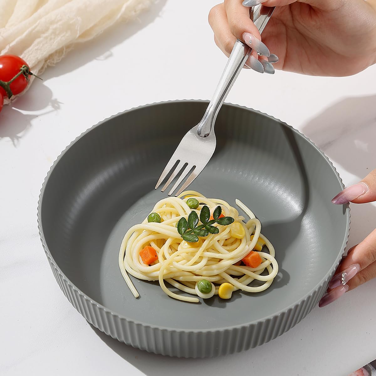 Kyraton Pasta Bowls Set of 4, 37oz Salad Bowls Soup Bowls Large Pasta Serving Bowl Plastic Unbreakable Serving Dishes Dinner Bowls (Grey)