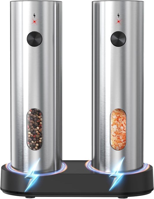 Electric Salt and Pepper Grinder Set with Charging Base，Stainless Steel Automatic Pepper Grinder Set Top-Refill, Flexible Coarsenes, 110ml Larger Capacity with LED Light for Home Kitchen (2 pack)