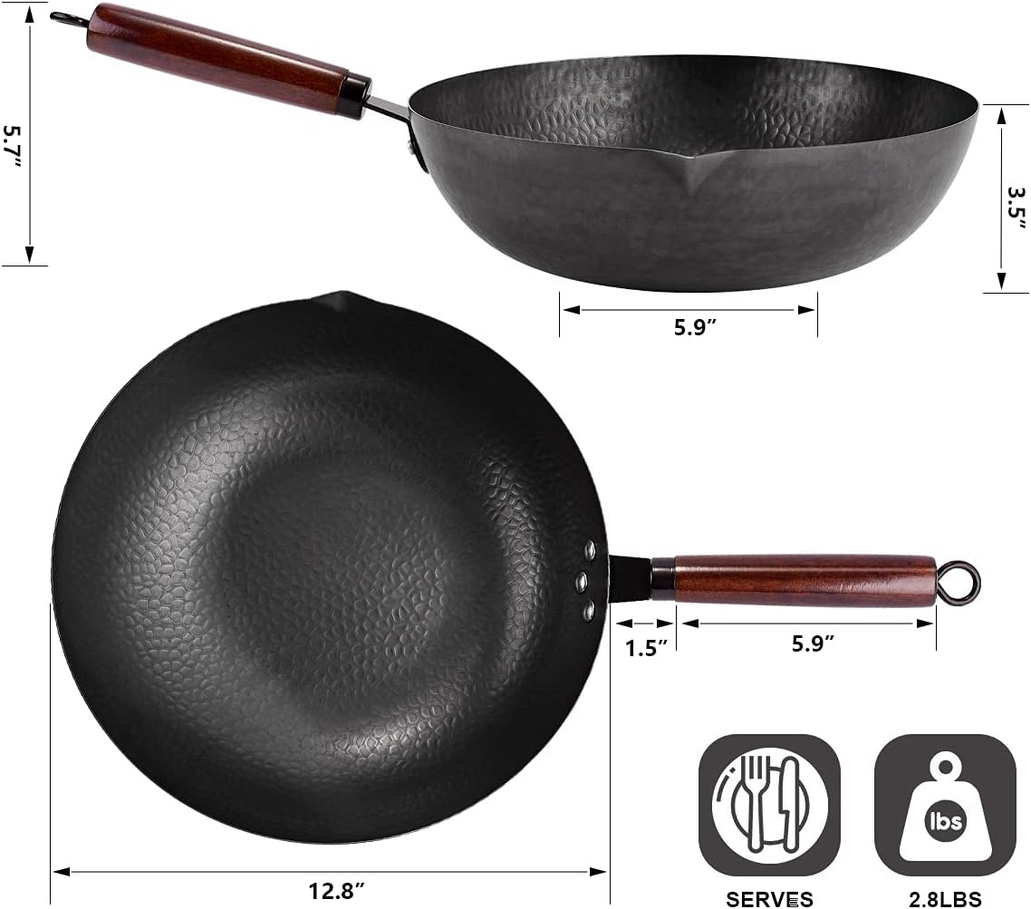 12.8" Carbon Steel Wok-11Pcs Woks & Stir Fry Pans Wok Pan with Lid, No Chemical Coated Chinese Woks with 10 Cookware Accessories, Flat Bottom Wok for Electric, Induction,Gas Stoves