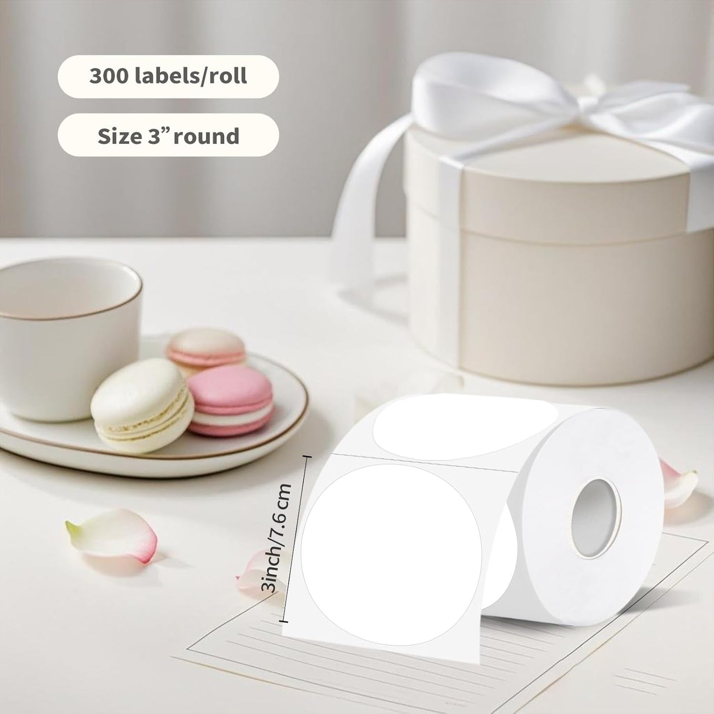 Thermal Label,3 Inch White Round Thermal Printer Sticker,Self-Adhesive Round Direct Thermal Labels,Thermal Stickers for DIY Logo Design,Name Tag (300 Labels/1 Roll)