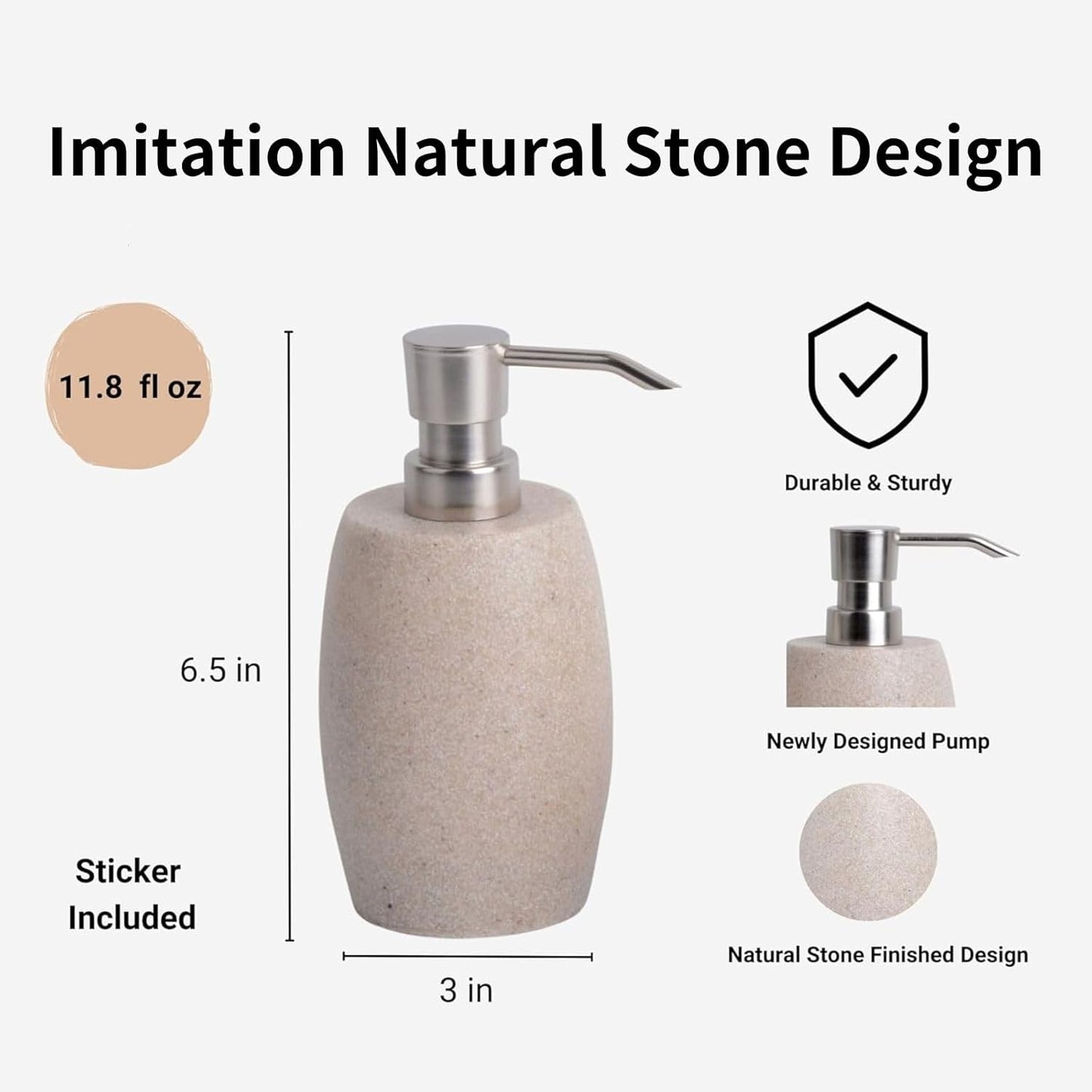 Sandstone Textured Resin Soap Dispenser with Metallic Pump and Waterproof Bottle Labels for Bathroom Kitchen Dish Hand Wash Shower Lotion Shampoo, 12 Oz, Beige