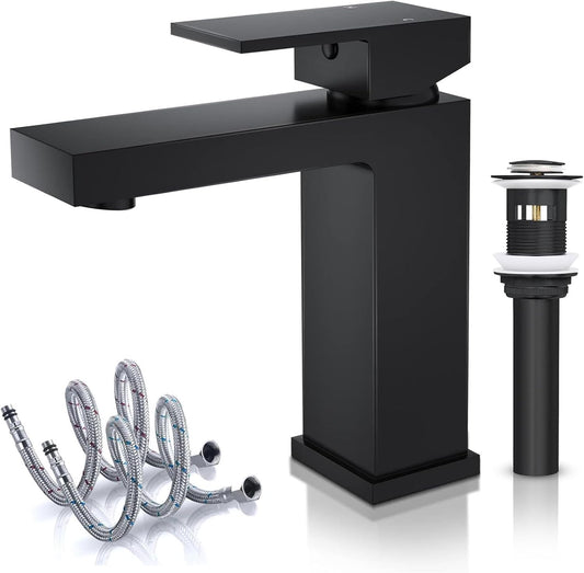 Solid Brass Black Bathroom Faucet, cUPC & CEC Certified 1 Hole Faucet for Bathroom Sink, Lead-Free Single Hole Bathroom Sink Faucet with Water Supply Hoses & Pop Up Drain Stopper