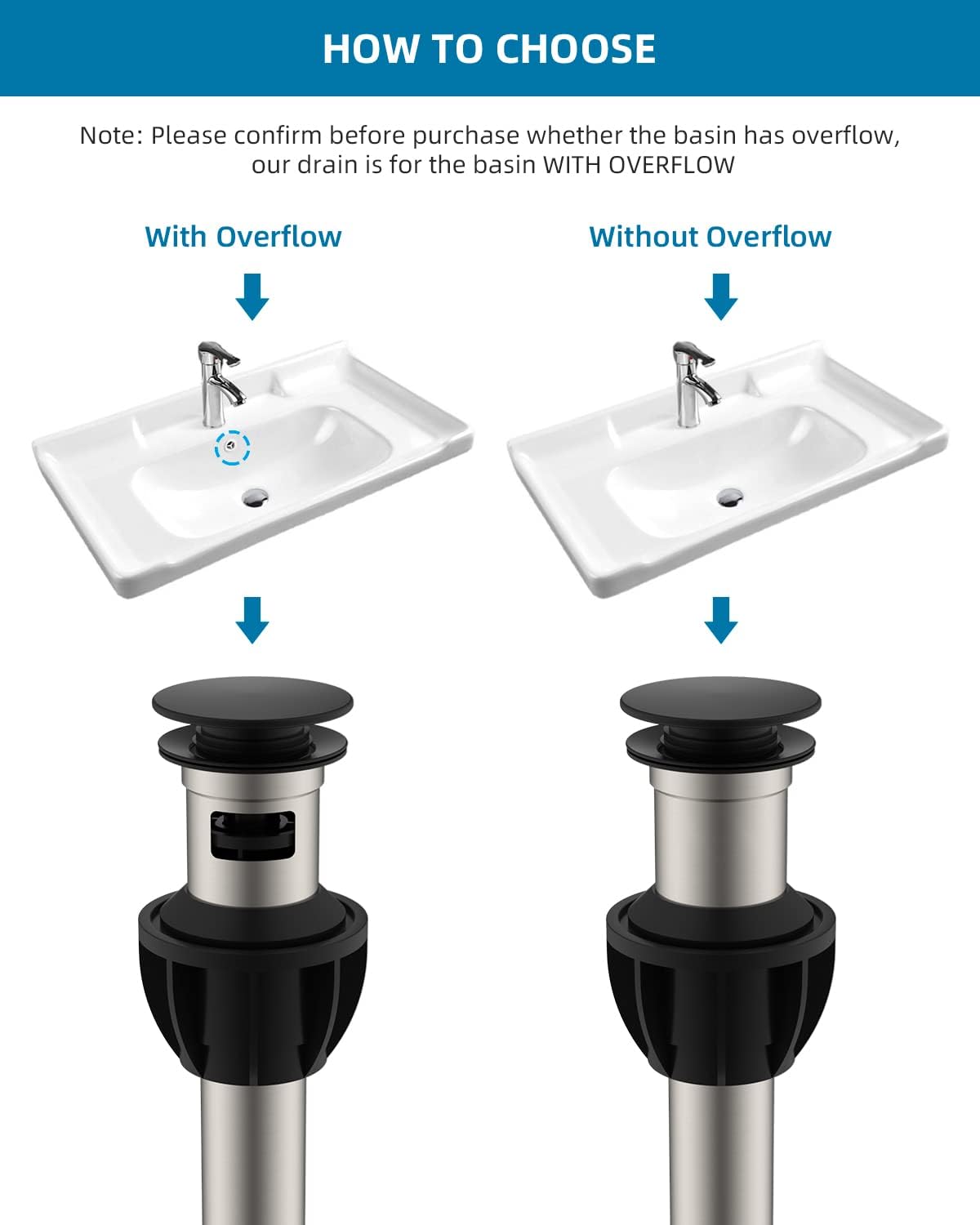 Hibbent 2 Pack Metal Bathroom Sink Drain with Overflow, Push and Seal Pop Up Drain Stopper, Stainless Steel Vessel Lavatory Vanity Sink Drain Stopper, Anti-Clogging Strainer, Matte Black