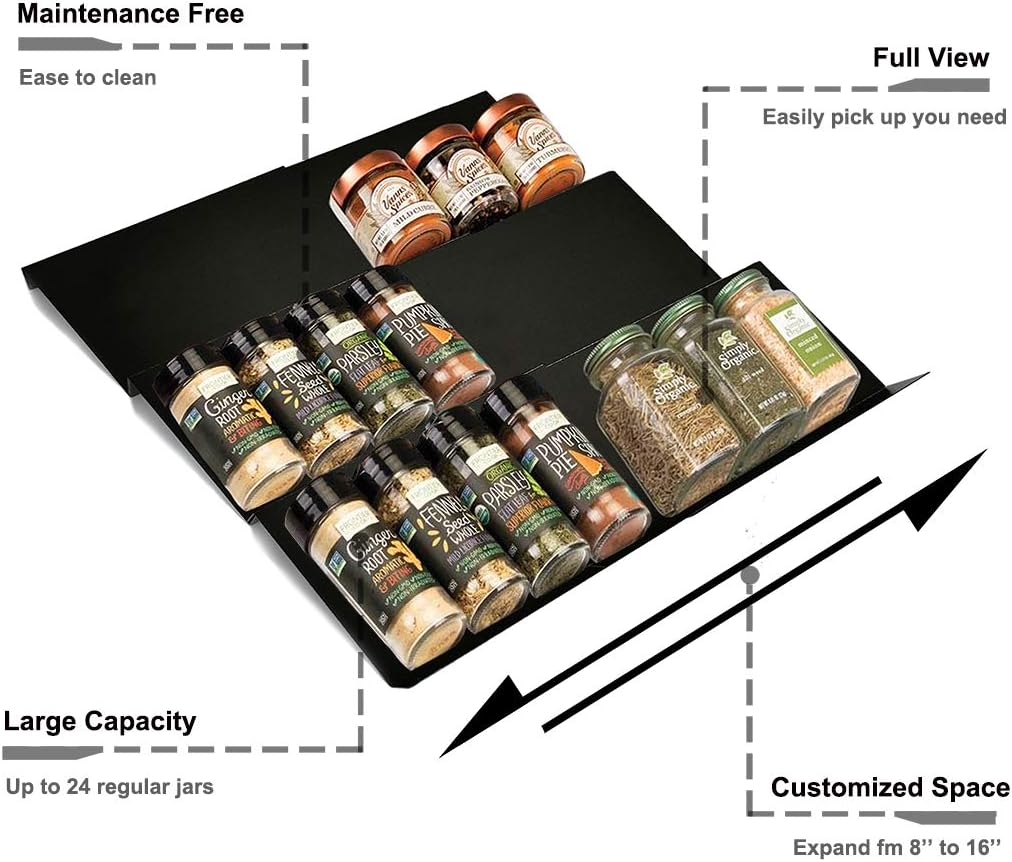 Artibear Expandable Aluminum Spice Rack Drawer Organizer for 8" to 16" Kitchen Cabinets Drawer Tray, Set of 6, Black