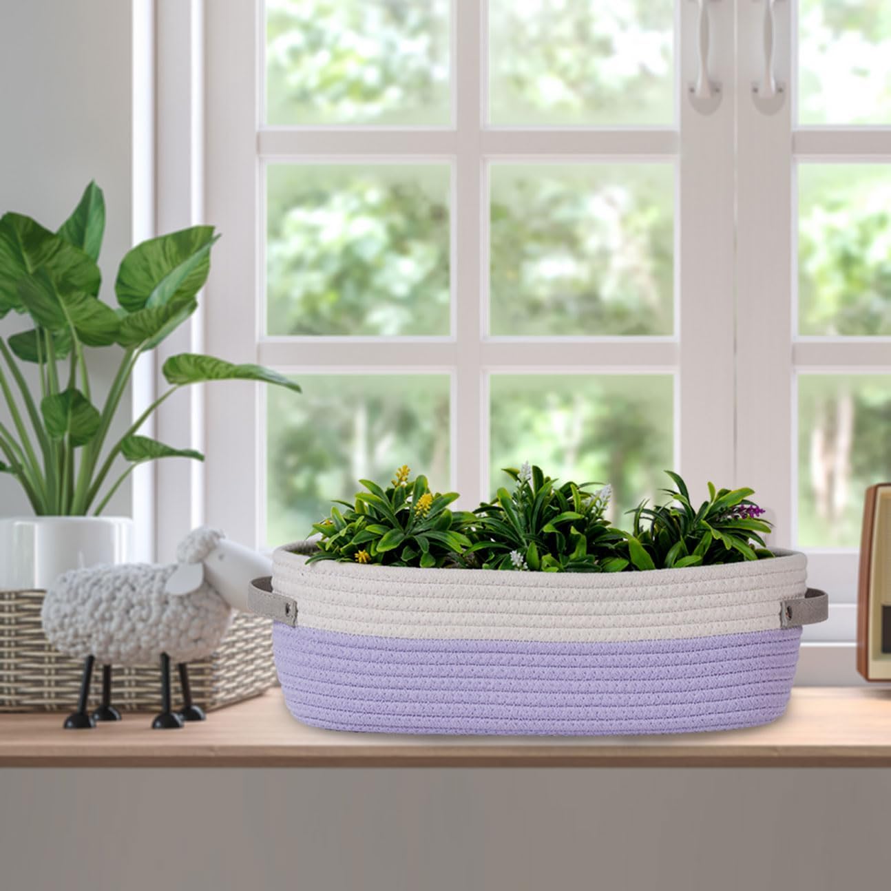 Cotton Rope Woven Basket Toilet Paper Organizer - Decorative Storage Basket for Boho Decor - 13"x5.9"x4" Purple