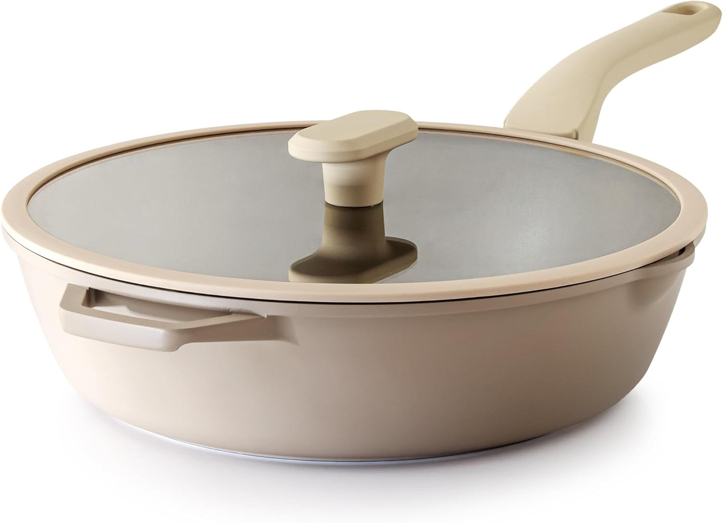 Nonstick Deep Frying Pan with Glass Lid, 12 Inch (4.8 qt), 5X Durable Nonstick Sauté Pan, Scratch & Stain Resistant, PFOA Free, Induction Compatible, Dishwasher & Oven Safe, Natural Linen