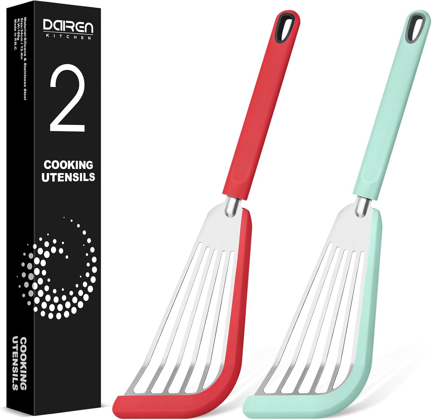 Silicone Fish Spatula Turner Set of 2, Thin Slotted Spatulas Turner for Nonstick Cookware,Heat Resistant Flexible Stainless Steel Kitchen Cooking Spatula Flipper for Fish, Egg, Pancake (RGN)