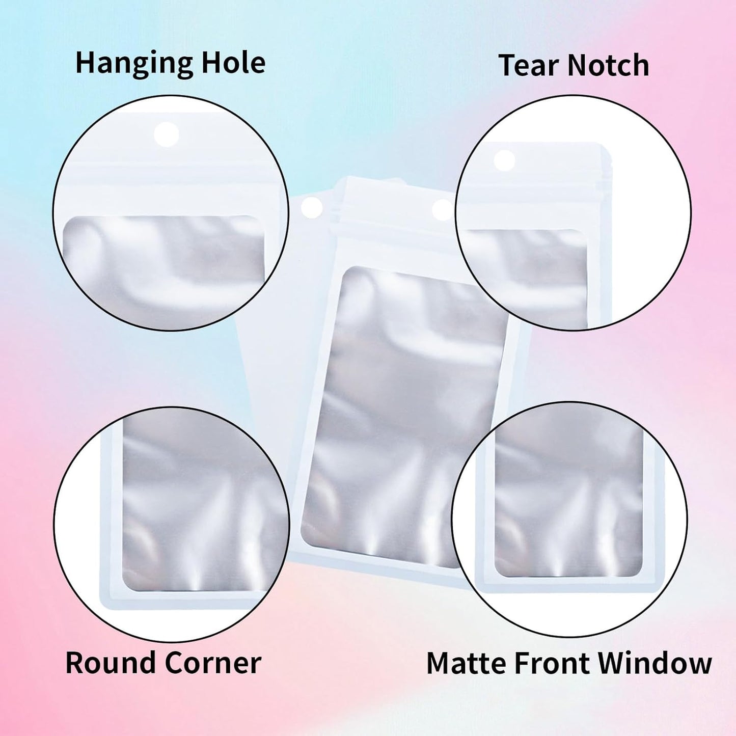 200 Pack Resealable Mylar Holographic Bags Food Storage Smell Proof Bags with Front Window Foil Packaging Pouch for Candy Sample Jewelry Small Business 4.13×5.91 Inch, White