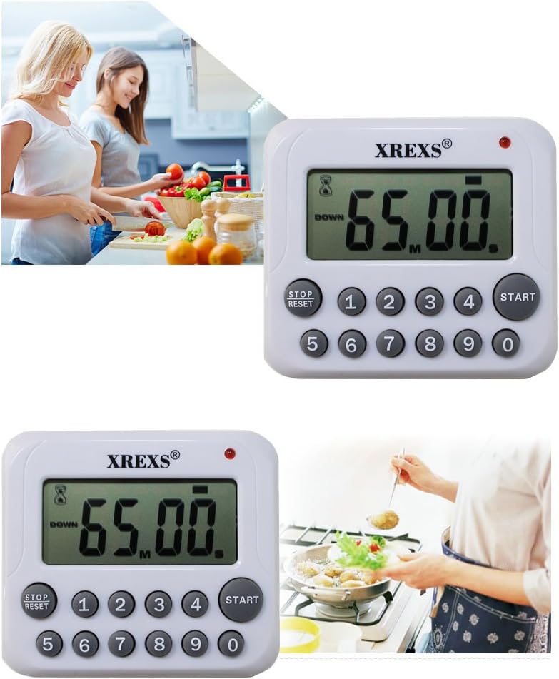 XREXS Digital Kitchen Timer Magnetic Countdown Up Cooking Timer Clock with Magnet Back and Clip, Loud Alarm, Large Display Minutes and Seconds Directly Input-White (2 Battery Included) (DC-12)