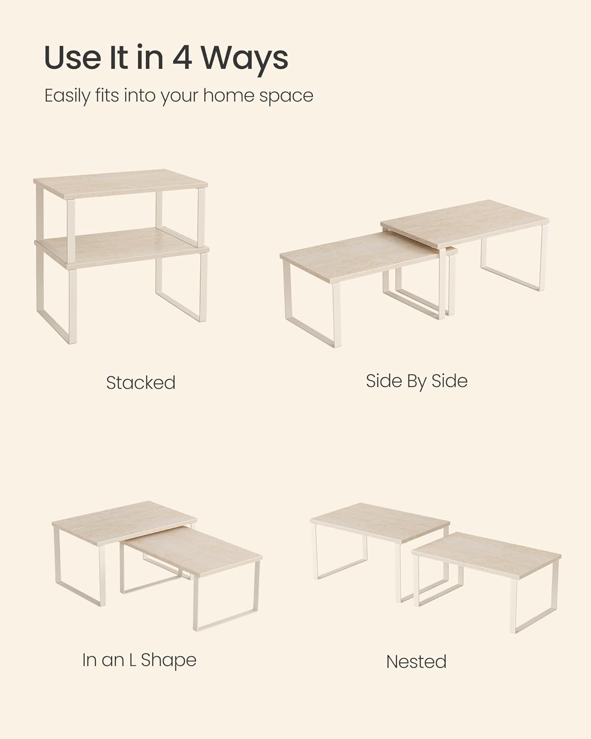 SONGMICS Cabinet Organizer Shelf, Set of 2 Kitchen Counter Shelves, Kitchen Storage, Spice Rack, Stackable, Expandable, Metal and Engineered Wood, Travertine Beige and Cream White UKCS020L01