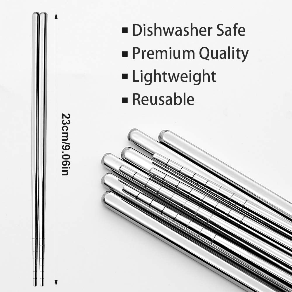 Stainless Steel Chopsticks 5 Pairs Reusable Multicolor Lightweight 304 Metal Chopsticks Square Lightweight Non-Slip Chop Sticks Dishwasher Safe Gift Set(Silver Hollow)