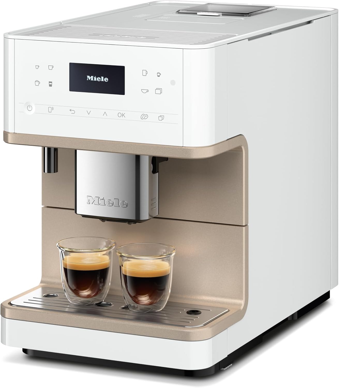 Miele CM 6360 MilkPerfection Automatic Coffee Machine - OneTouch for Two, AromaticSystem, 8 individual profiles, DoubleShot, WiFi-compatible, LED lighting, in Lotus White CleanSteel Metallic