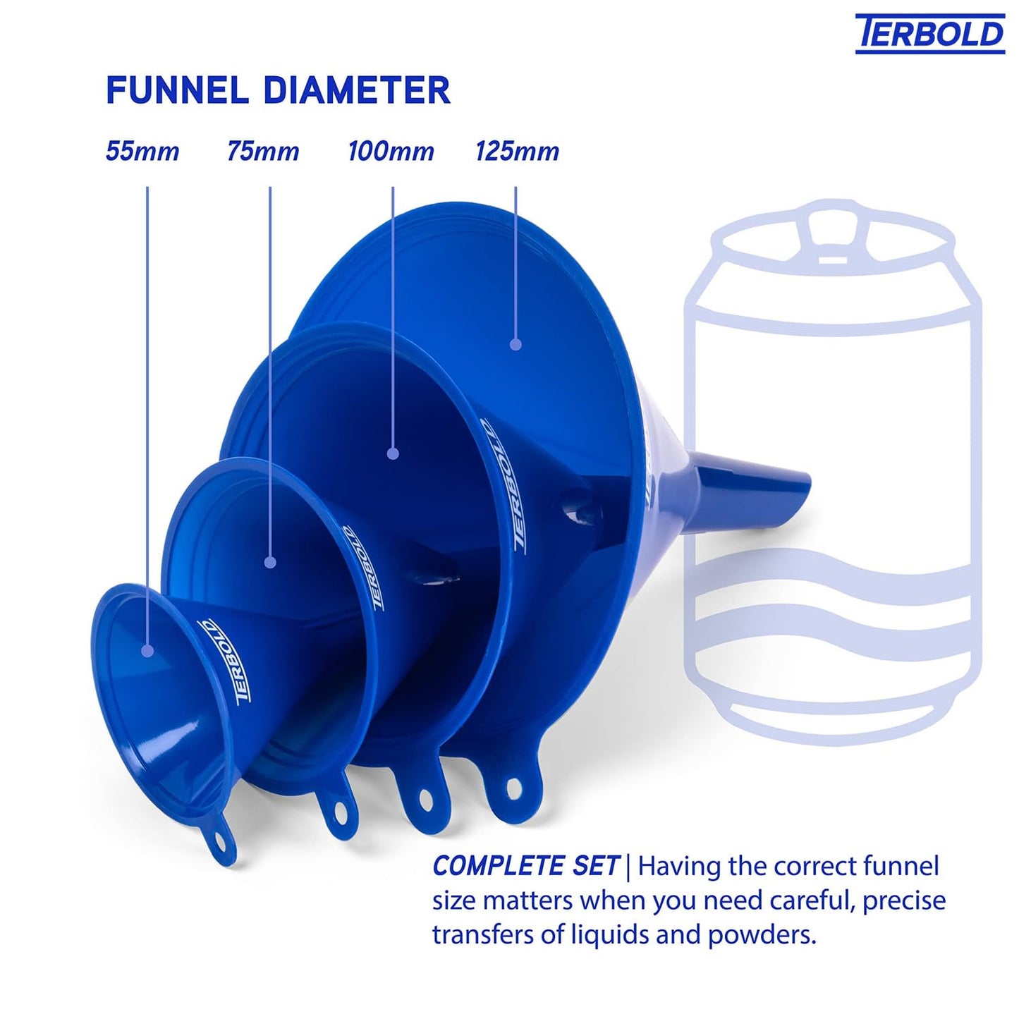 4pc Funnel Nesting Set in BPA Free Plastic for Kitchen Cooking, Car Oil, Home, or Lab Use (Blue)