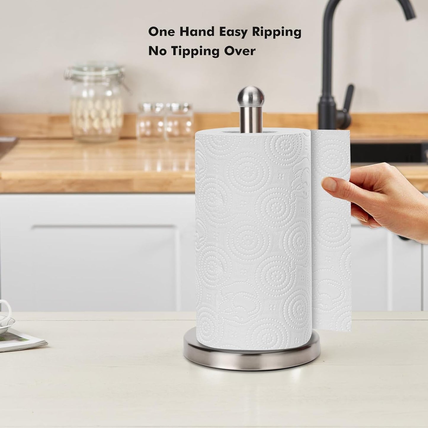 Paper Towel Holder Stand with Sturdy Base Fits Standard and Jumbo Sized Paper Towel, Paper Towel Holder Countertop (Brushed Nickel)