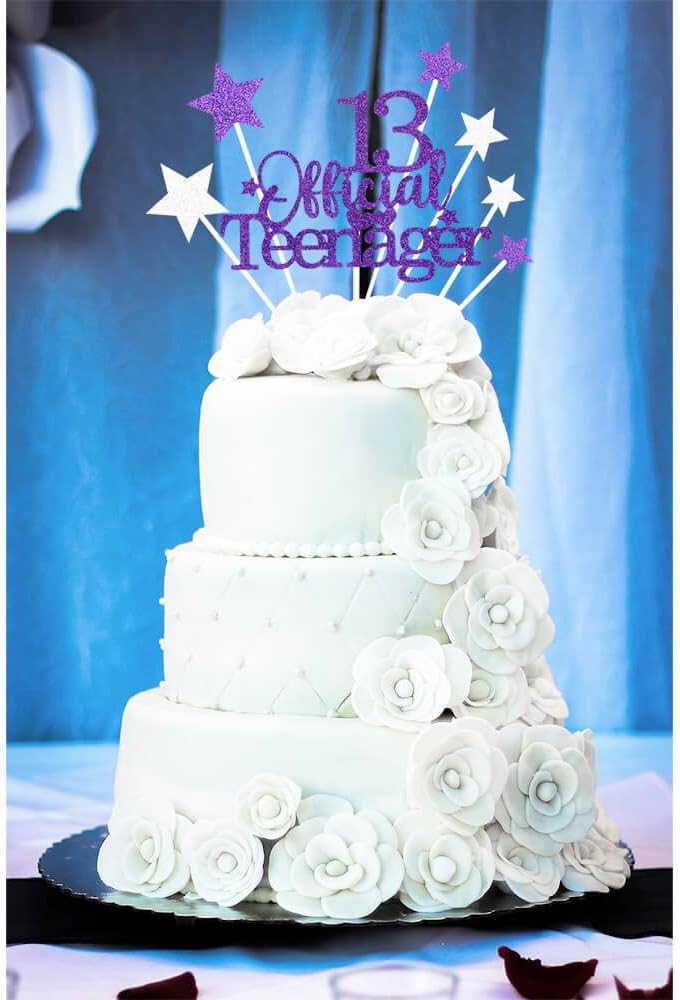 Glittery 13 Ofiicial Teenager Cake Topper with Star,13th Happy Birthday Cake Topper Party Decorations Party Supplies for Boys Girls Purple Silver