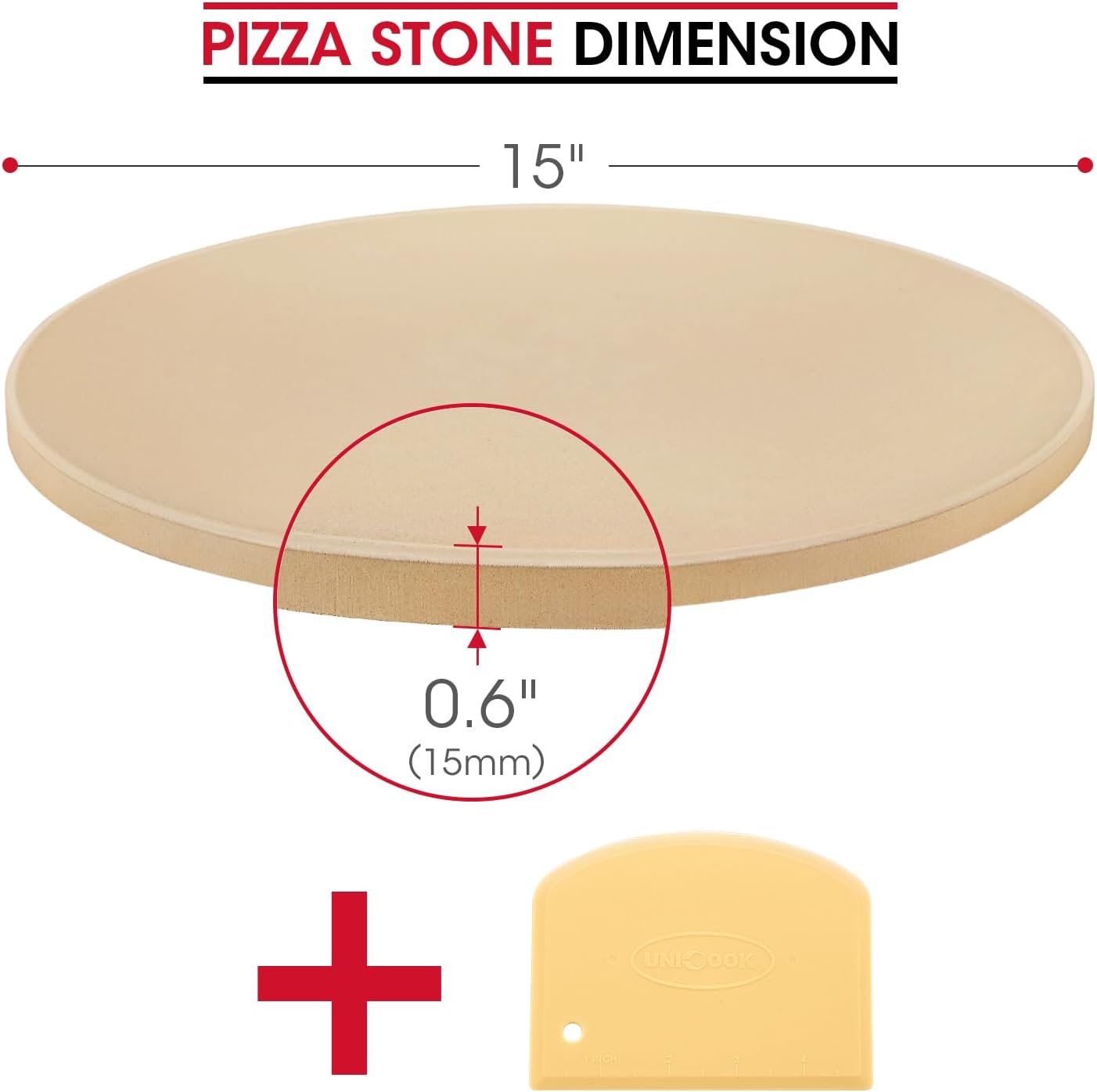 Unicook Pizza Stone for Grill Oven, 15 Inch Round Baking Stone, Heavy Duty Cordierite Bread Cooking Pan, Thermal Shock Resistant, Ideal for Making Crisp Crust Pizza, Bread and More, Includes Scraper